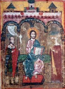 Михаил Ярославич и его мать Ксения предстоят перед Христом.Тверская миниатюра начала XIV века