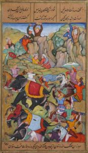 Тамерлан побеждает султана Дели Насир ад-Дина Махмуда, зимой 1397-1398, живопись 1595-1600 гг