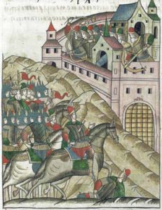 Осада Москвы Тохтамышем в 1382 г. Миниатюра Лицевого летописного свода. XVI в.