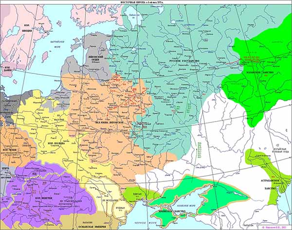 Политическая карта Восточной Европы на момент смерти Ивана III в 1505 году 