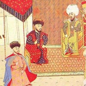 Менгли-Гирей (в центре) со своим сыном и наследником Мехмедом Гераем и османским султаном Баязидом II. Турецкая миниатюра XVI века