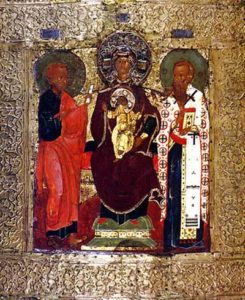 Явление Богоматери с предстоящими апостолом Филиппом и Ипатием Гангрским боярину Захарию Чету. Икона XVI века