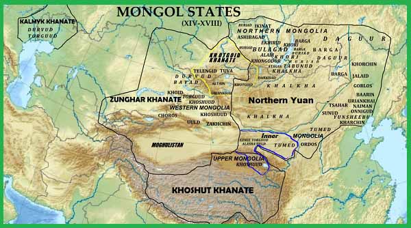 Монгольские государства в 17-м веке: Монгольский каганат, Джунгарское ханство, Хошутское ханство, Хотогойтское ханство, Калмыцкое ханство и Могулистан