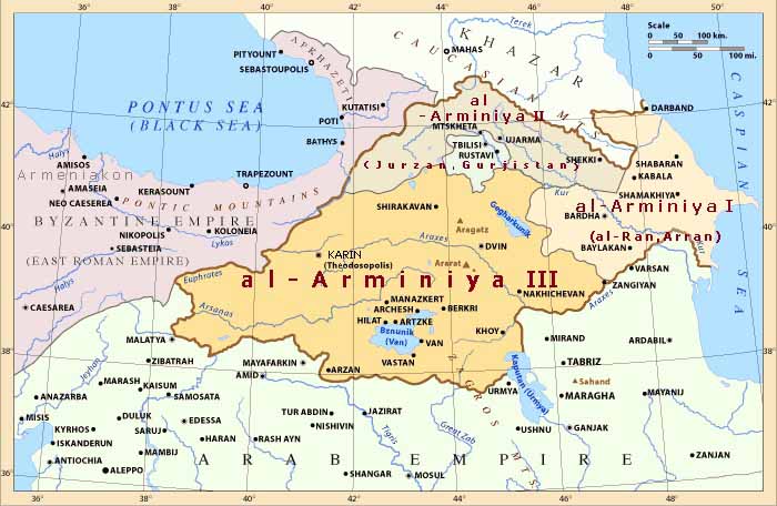 Армянский эмират Арабского халифата, 750-885 гг. I-Арран аль-Арминия, II-Грузия аль-Арминия, III-аль-Арминия