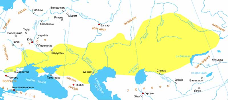 Кумано-кыпчакская конфедерация в Евразии около 1200 года.